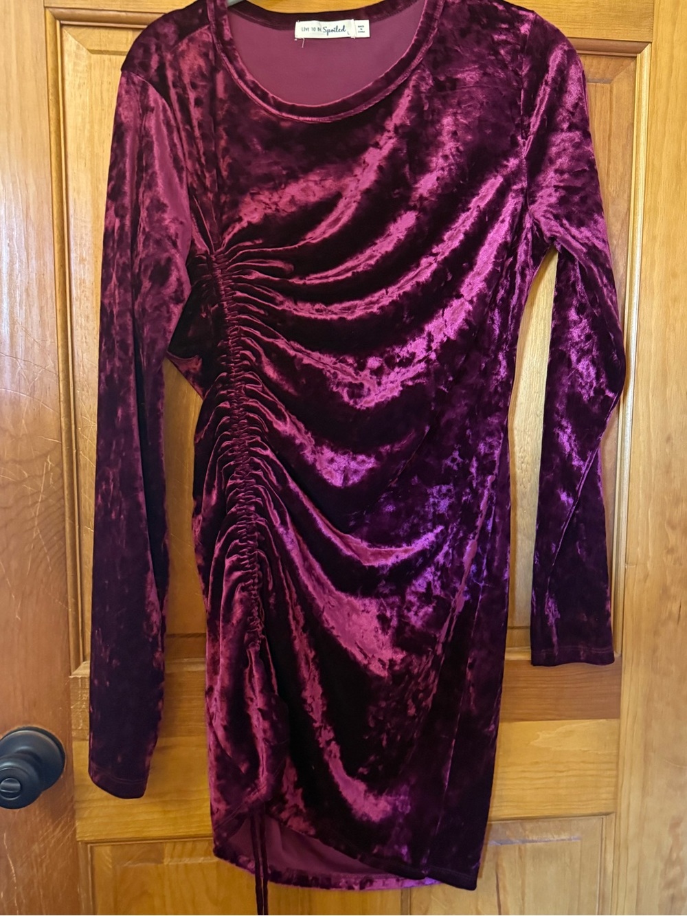 Deep Plum Crushed Velvet Ruched Long-Sleeve Dress